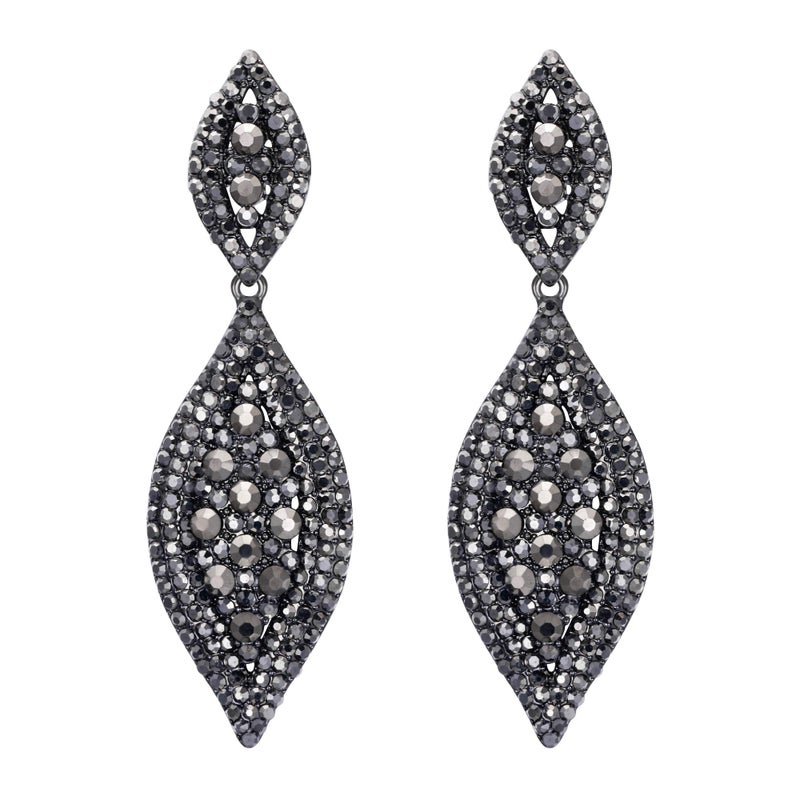 Flyonce Women's Rhinestone Crystal Wedding Bridal 2 Leaf Drop Dangle Chandelier Earrings Carbon Black - Image 1